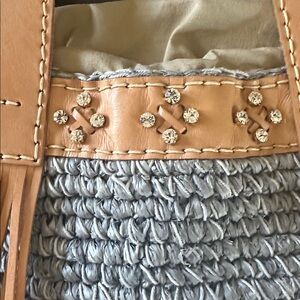 Tommy Bahama Large Gray Raffia and Leather Handmade Beach Bag